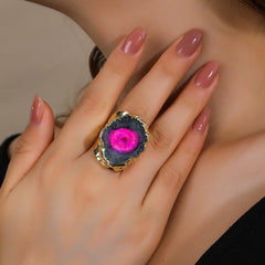 Black Pink Gemstone Crystal 18K Gold Adjustable Ring For Women