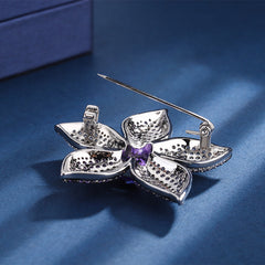 Five Petal Floral Silver Plated CZ Copper Anti Tarnish Brooch For Women
