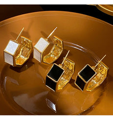 Hexagon Rectangle Enamel White Black 18K Gold Plated Anti Tarnish Hoop Earring For Women