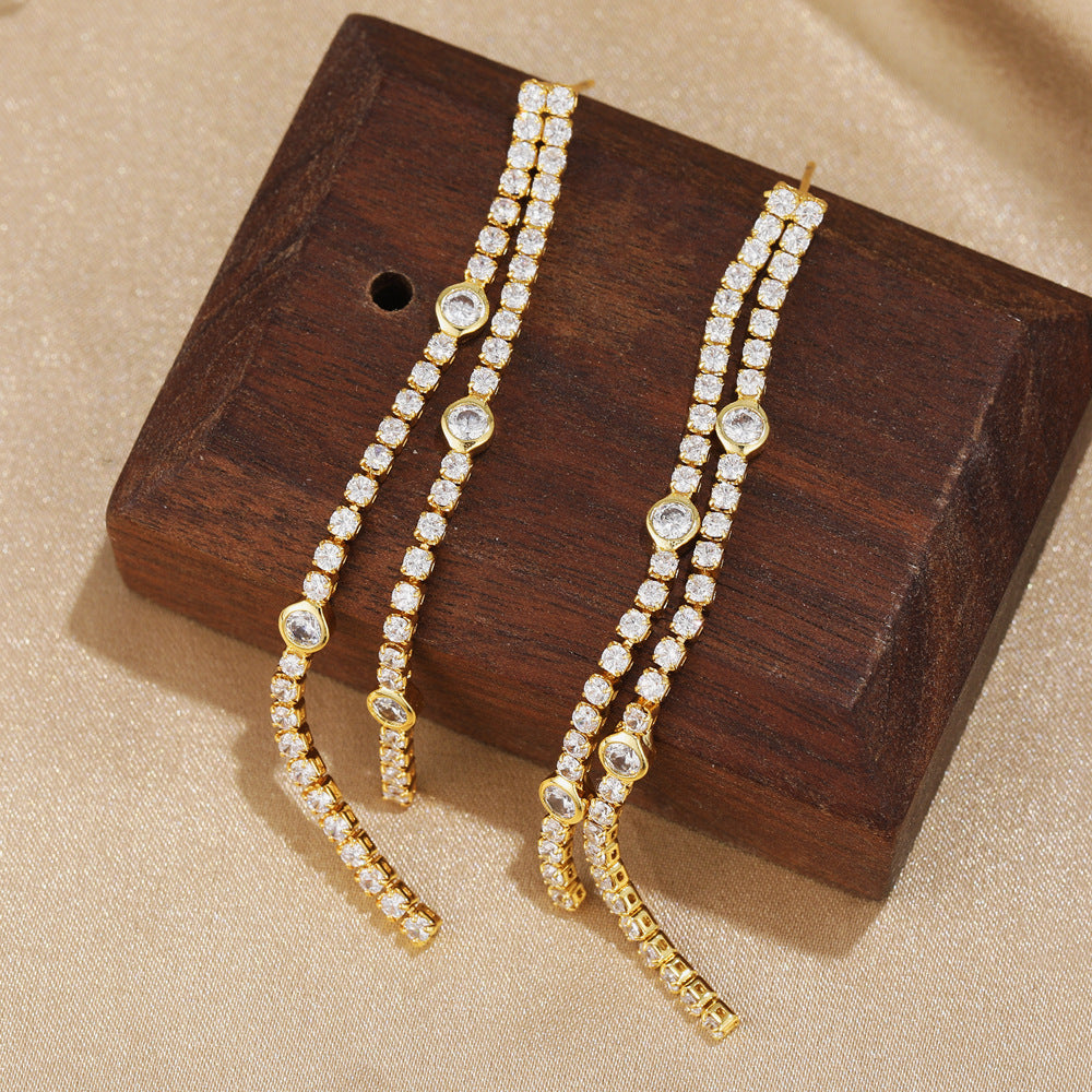 Luxury Double Line Tassel Gold Plated CZ Stainless Steel Drop Earrings