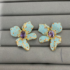 Floral Gold Plated Turquoise Purple CZ Copper Stud Earrings & Ring Set