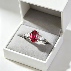 Luxury Oval Ruby Red Silver Plated White CZ Solitaire Ring For Women