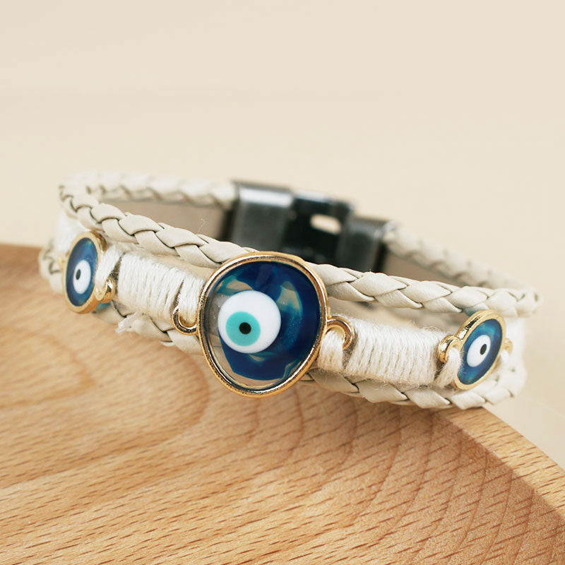 Evil Eye Multi Layer Blue Brown Anti Tarnish Wrist Band Leather Bracelet For Woman Men