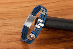 Layer Black Brown Blue Silver Leather Stainless Steel Bracelet For Men
