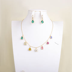 Designer Multi Color Gemstone Gold Plated CZ Copper Necklace Earring Set