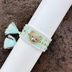 Teddy Bear Face Crystal Fabric Writ Band Adjustable Threads Bracelet For Women