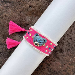 Teddy Bear Face Crystal Fabric Writ Band Adjustable Threads Bracelet For Women