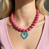 Pink Blue Heart Gold Plated Beads Resin Necklace For Women