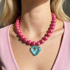 Pink Blue Heart Gold Plated Beads Resin Necklace For Women