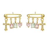 Pink Blue Safety Pin Cross Charm Gold Copper Drop Earrings For Women