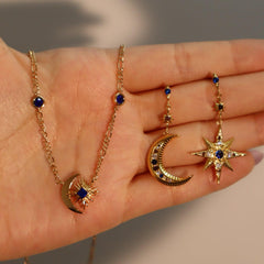 Star Moon 18K Gold Cubic Zirconia Anti Tarnish Dangler Hoop Earring For Women