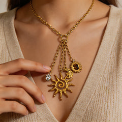 Elegant Sun & Moon Gold Plated Layered CZ Anti Tarnish Copper Necklace