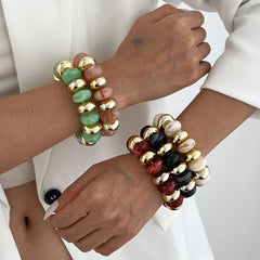 Multi Color Resin Stones Stretchable Stylish Chunky Gold Bracelet