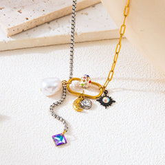 Star Moon Two Tone 18K Gold Silver Black Crystal Charm Stainless Steel Anti Tarnish Necklace Chain For Women