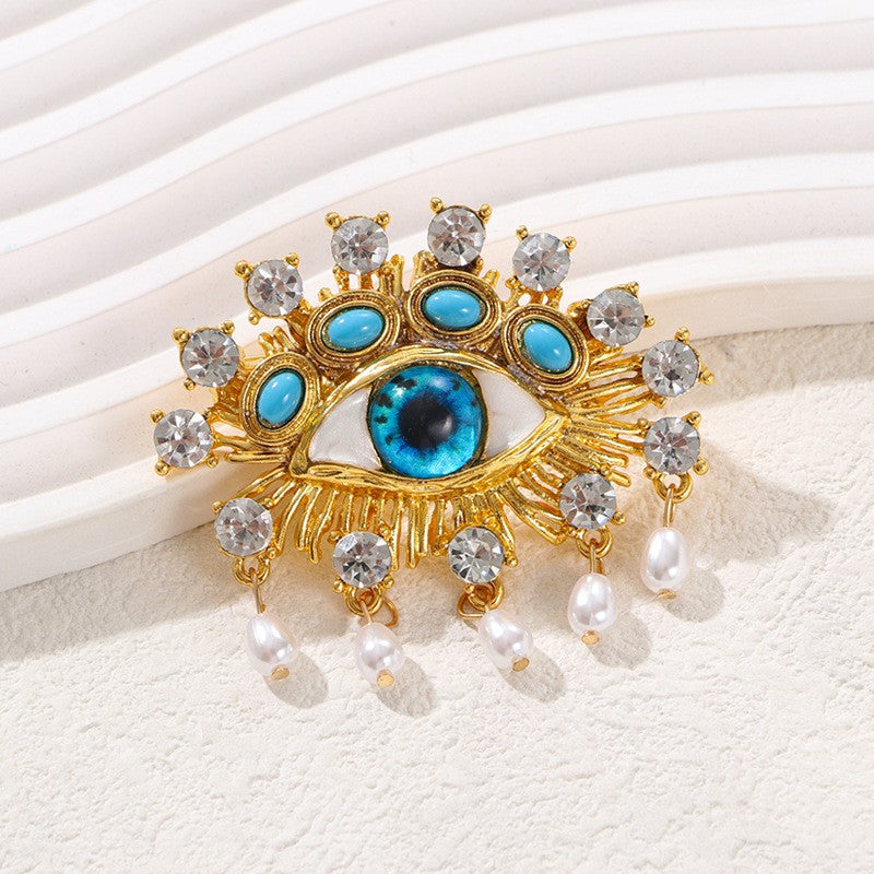 Evil Eye Cubic Zirconia Pearl Drop Blue 18K Gold Plated Brooch For Women