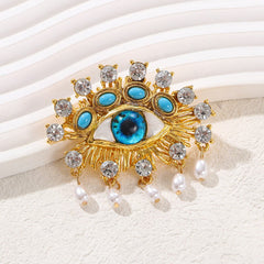 Evil Eye Cubic Zirconia Pearl Drop Blue 18K Gold Plated Brooch For Women