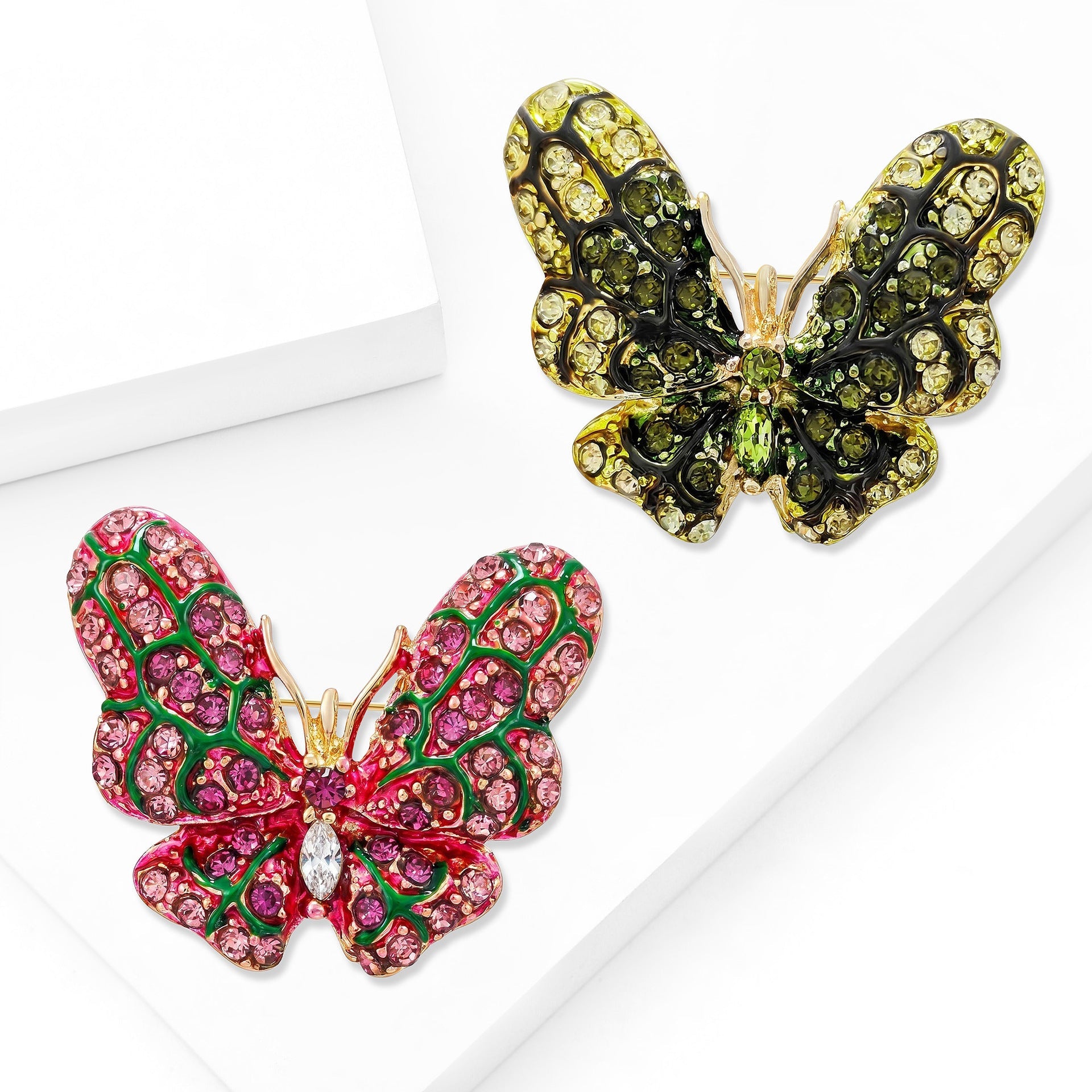 Pink Green Butterfly Gold Rhinestone Brooch For Women