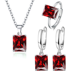 Rectangle Solitaire Silver Multi Color Cubic Zirconia Pendant Chain Earring Ring Set For Women