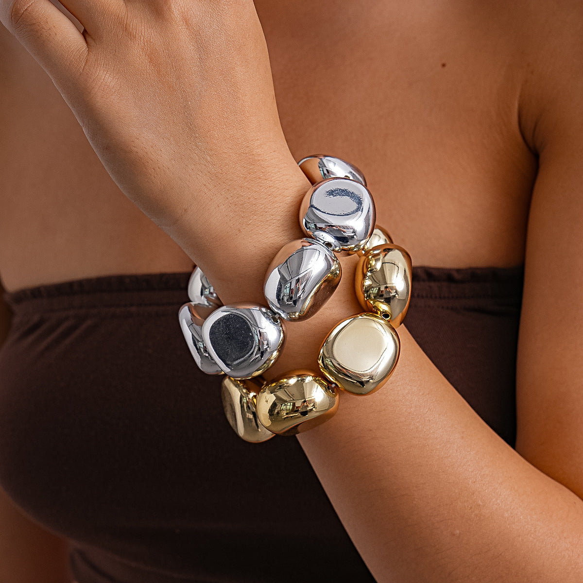 Designer Dual Tone Stretchable Gold Silver Plated Plain Alloy Bracelet