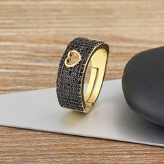 Designer Heart Pave Wide Band Gold CZ Copper Adjustable Fancy Ring