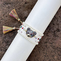 Teddy Bear Face Crystal Fabric Writ Band Adjustable Threads Bracelet For Women