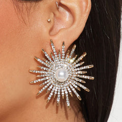 Gold Sunburst Gold CZ Pearl Anti Tarnish Copper Stud Earrings