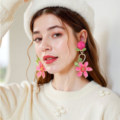 Orange Pink Flower Gold Plated Enamel Dangler Earrings For Women