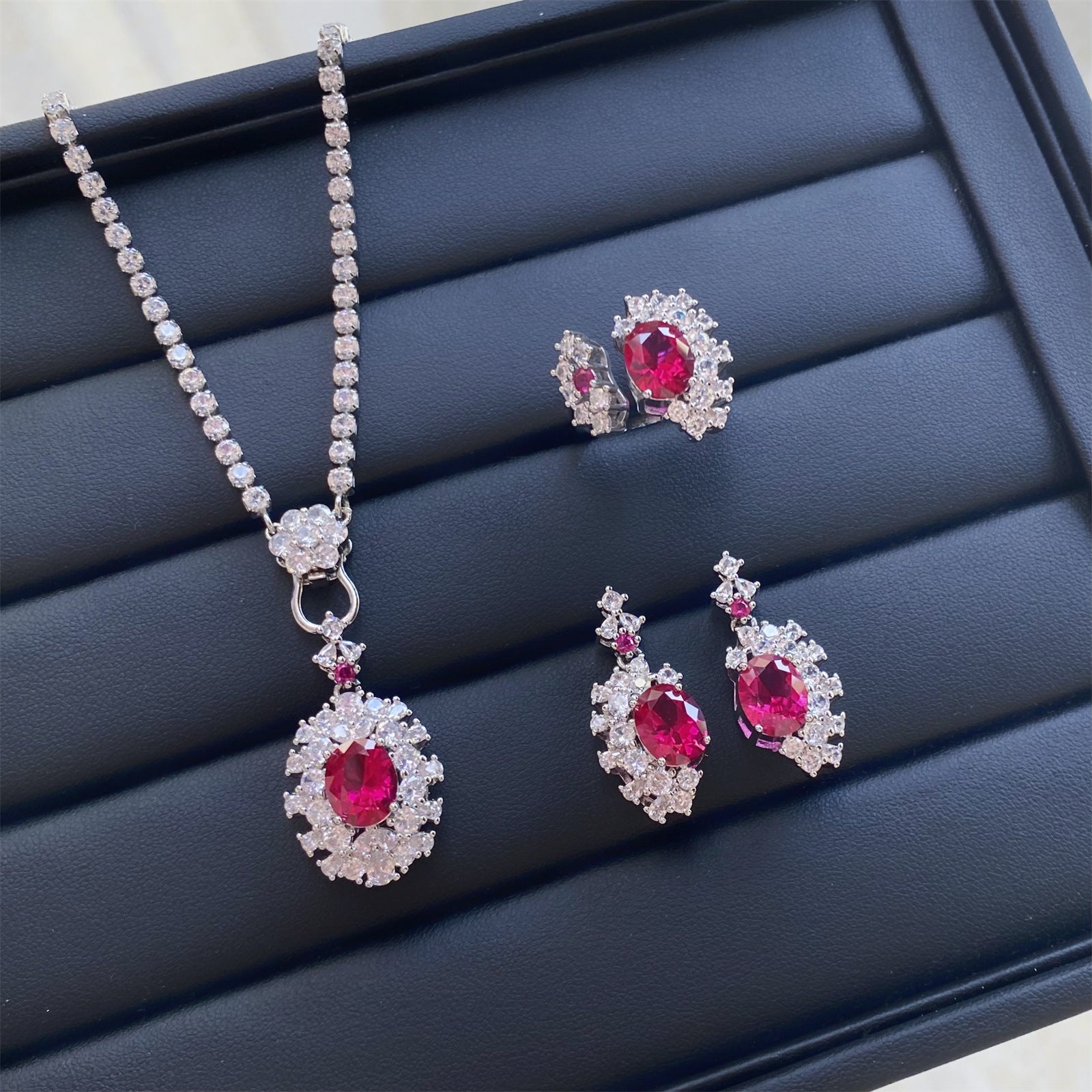 Oval Ruby Red Stone Silver Plated CZ Copper Necklace Combo Set For Women