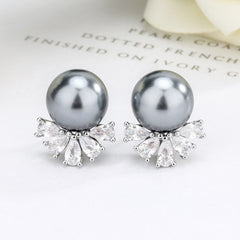 Elegant Fan Design Silver Plated Gray Black Pearl CZ Copper Stud Earrings