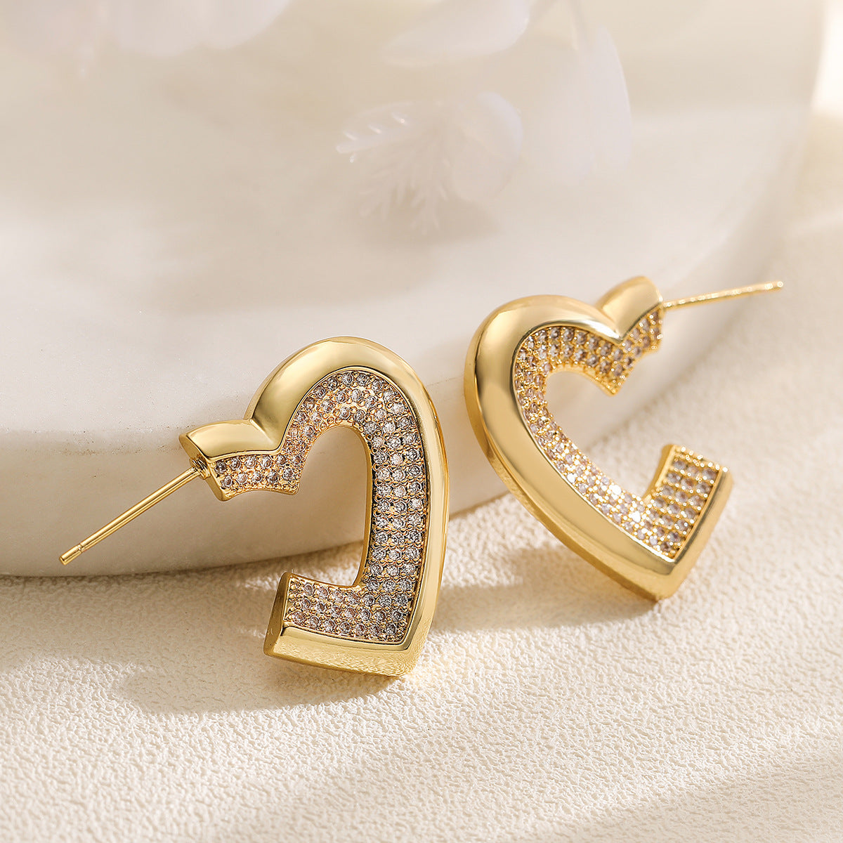 Designer Heart Gold CZ Anti Tarnish Copper Stud Earrings For Women