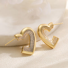 Designer Heart Gold CZ Anti Tarnish Copper Stud Earrings For Women