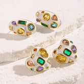 Heart Oval 18K Gold Cubic Zirconia Enamel Stainless Steel Stud Earring Pair Women