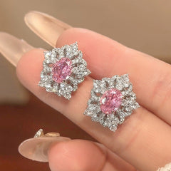 Flower Red Gemstone Silver Cubic Zirconia Necklace Earring Ring Set For Women