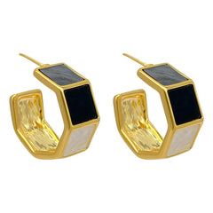 Hexagon Rectangle Enamel White Black 18K Gold Plated Anti Tarnish Hoop Earring For Women