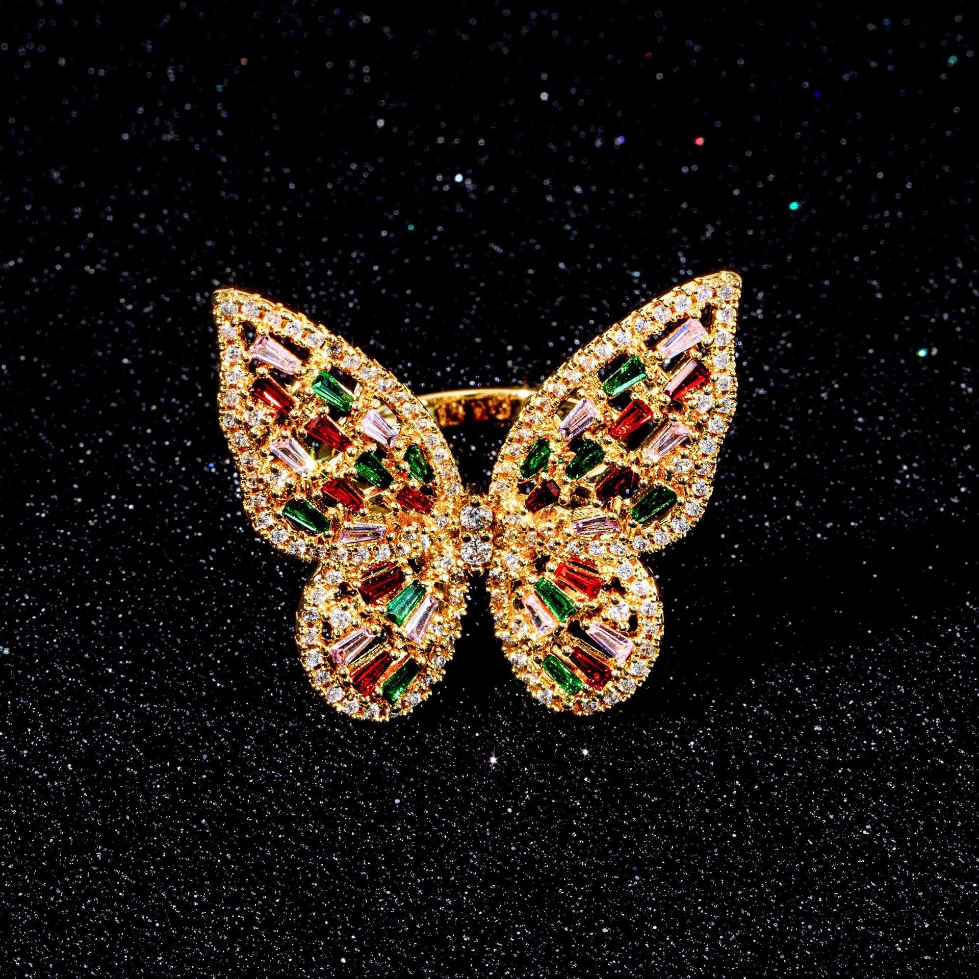 Rainbow Butterfly Gold Multi CZ Anti Tarnish Adjustable Ring