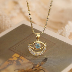 Moon Evil Eye 18K Gold CZ Anti Tarnish Pendant Chain Earring Set