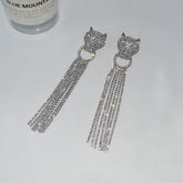 Long Panther Cubic Zirconia Silver Dangler Tassel Earring For Women