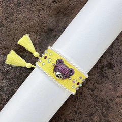 Teddy Bear Face Crystal Fabric Writ Band Adjustable Threads Bracelet For Women