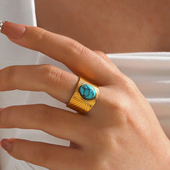 Multi Gemstone 18K Gold Turquoise Tiger Eye Pearl Anti Tarnish Stainless Steel Band Ring For Women