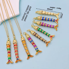 Multi Color Fishbone Gold Plated Enamel Copper Pendant Chain For Women