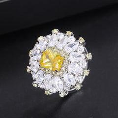 Flower Rectangle Yellow Gemstone Silver Cubic Zirconia Necklace Earring Ring Set For Women
