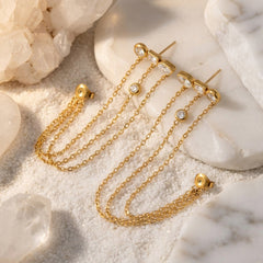 Luxury Triple Chain Gold Plated CZ Anti Tarnish Copper Drop Earrings