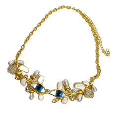 Evil Eye Leaf 18K Gold Cubic Zirconia Enamel Pearl Necklace Earring Set For Women