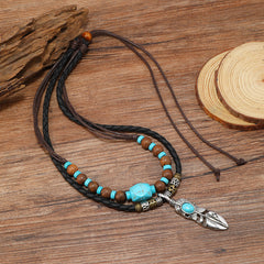 Feather Turquoise Green Brown Beads Wooden Dual Layer Rope Necklace For Women