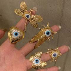 Heart Evil Eye 18K Gold Cubic Zirconia Adjustable Ring For Women