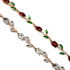 Elegant Rose Gold Bracelet With Red Crystals And Green Leaves