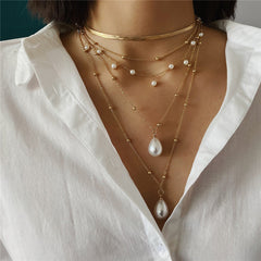 Drop White 18K Gold Anti Tarnish Pearl Layer Link Chain Anti Tarnish Necklace For Women Group1