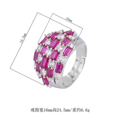Baguette Cubic Zirconia Crystal Red Blue Silver Anti Tarnish Free Size Ring For Women