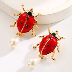 Multi Color Ladybug & Bee Gold Plated Enamel Drop Earrings Women