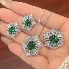 Flower Red Gemstone Silver Cubic Zirconia Necklace Earring Ring Set For Women